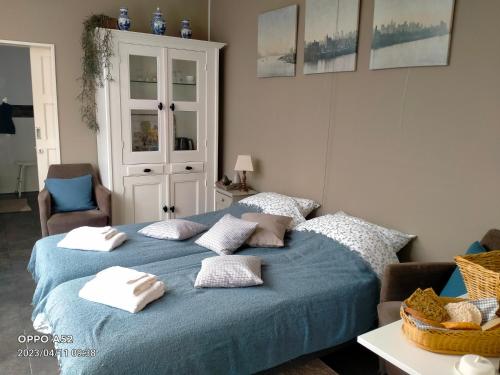 霍尔滕De Grindweg的一间卧室配有蓝色的床和枕头