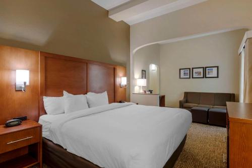 哥伦布Comfort Suites Columbus State University Area的酒店客房设有一张大床和一张沙发。