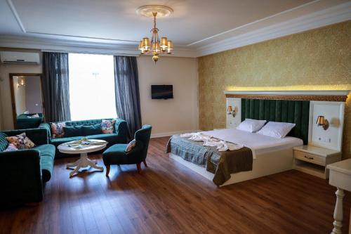 普里兹伦Nafron Hotel的酒店客房设有床和客厅。