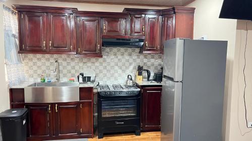 乔治敦Odyssey Suites的厨房配有木制橱柜和不锈钢冰箱。