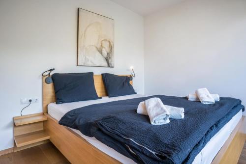 奥拉Pension Grasser Apartment的一间卧室配有一张带蓝色床单和枕头的床。