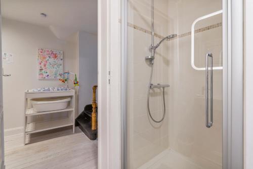 德哈恩Oceanide - Gerenoveerde luxe villa vlak bij het strand的带淋浴和盥洗盆的浴室