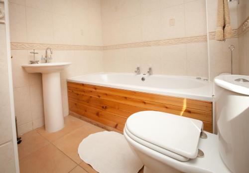 斯特灵The Byre, Back Borland Holday Cottages的带浴缸、卫生间和盥洗盆的浴室