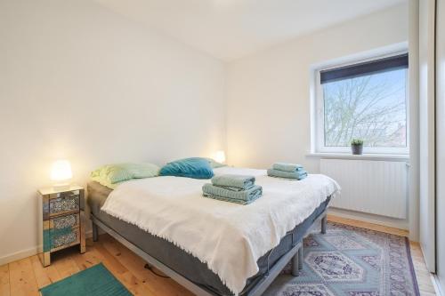 哥本哈根Delicius apartment near the Beach,Metro, Airport的一间卧室配有一张带两个枕头的床