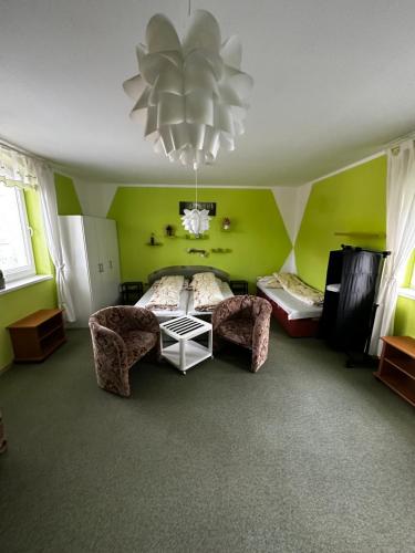 KrompachyPrenájom v súkromí Krompachy的一间卧室设有绿色的墙壁、一张床和一个吊灯。