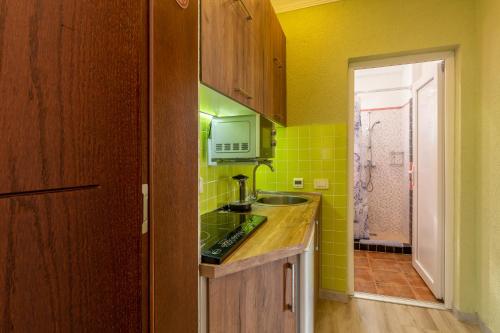 尤塔哈DreamSea Apartment的一间小厨房,内配水槽和黄色瓷砖