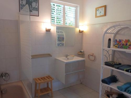 萨莱比梅Les Hauts de Terrasson的一间带水槽、浴缸、卫生间和窗户的浴室