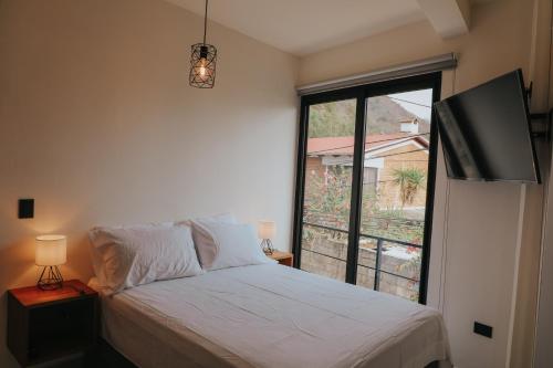 帕纳哈切尔Lahos Apartament B的一间卧室设有一张床和一个大窗户