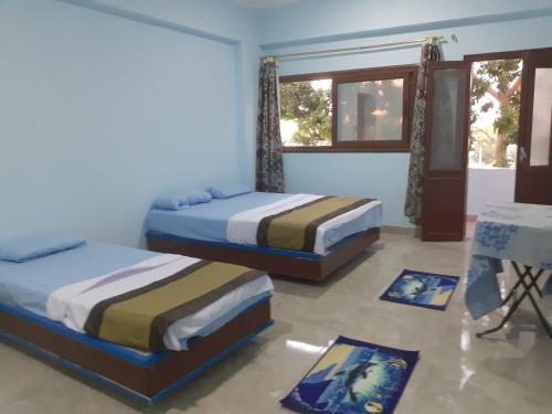 卢克索Nile Roof Hotel& Restaurant的一间卧室设有两张床和窗户。