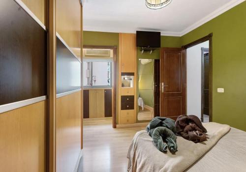 圣克鲁斯-德特内里费Estancia frente al Estadio y Ramblas的一间拥有绿色墙壁的卧室和一张位于客房内的床