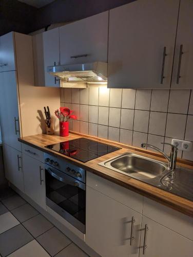 弗伦斯堡Flensburg Zentrum 10 VH 2OG R的厨房配有白色橱柜和水槽
