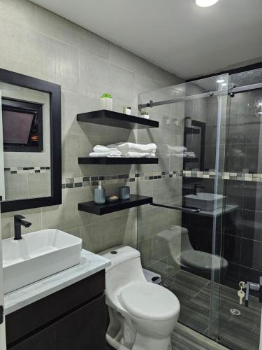 昆卡apartamento de lujo的浴室配有卫生间、淋浴和盥洗盆。