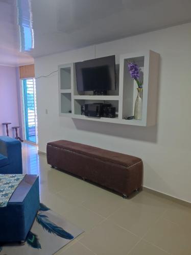 FantinoCoral的客厅配有棕色沙发和电视