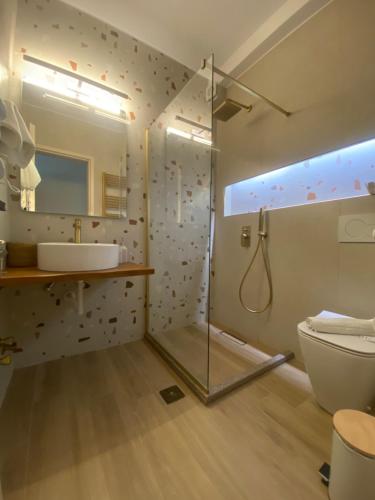 里托楚伦万神殿别墅酒店的带淋浴、卫生间和盥洗盆的浴室