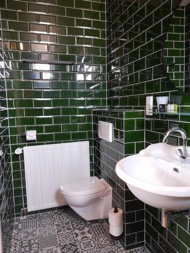 博赫尔Hotel Bed & Breakfast De Poffert的绿色瓷砖浴室设有水槽和卫生间