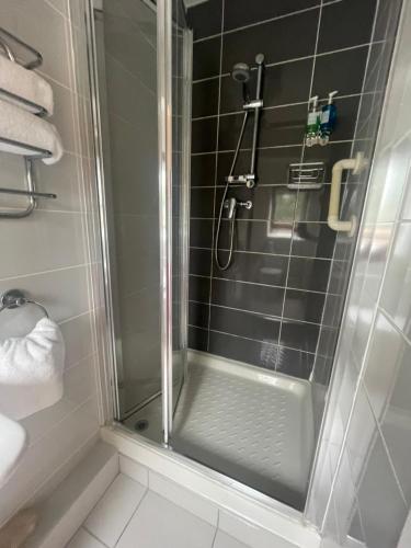 布拉尼Beechwood House Accommodation的浴室里设有玻璃门淋浴