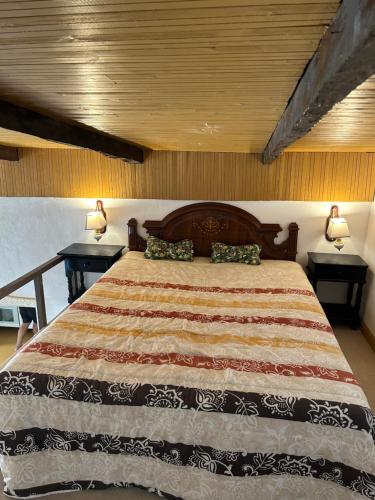 阿罗纳Casa Rural El Pasil的一间卧室配有一张带2个床头柜的大床