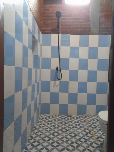 KaranganyarKrobyongan staycation kalaras的浴室设有蓝色和白色瓷砖淋浴。