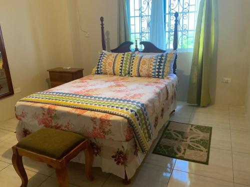 蒙特哥贝POINCIANA APARTMENT ONE 257 POINCIANA DRIVE GREEN WOOD MONTEGO BAY JAMAICA的卧室配有床、椅子和窗户。