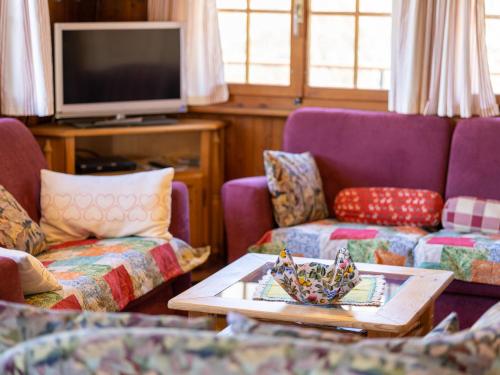 南达Chalet L'Alouette by Interhome的客厅配有紫色沙发和电视
