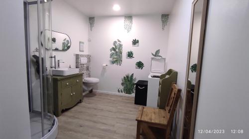 博尼约Une escapade en Luberon的浴室设有水槽,墙上设有植物厕所。