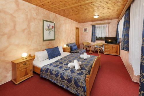 什平德莱鲁夫姆林Hotel Resort Martin & Kristyna的一间卧室配有一张床、一张沙发和一台电视。