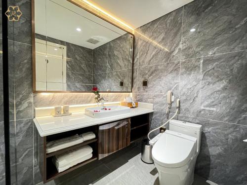 荣市Cửa Đông Luxury Hotel的一间带卫生间、水槽和镜子的浴室