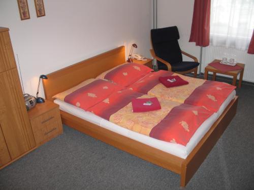 布拉迪斯拉发拉塔诺膳食公寓的一间卧室配有一张带红色床单的床和一把椅子