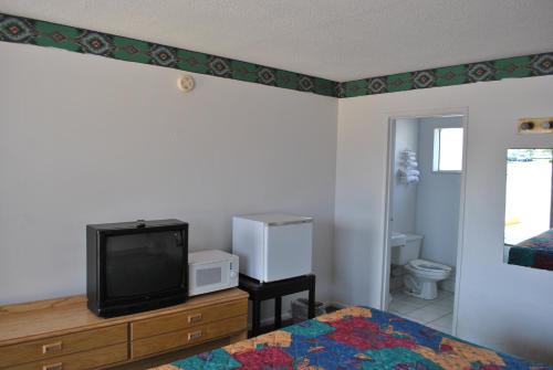 密歇根城密歇根城旅途汽车旅馆的一间卧室配有一张床和一台电视,还设有一间浴室