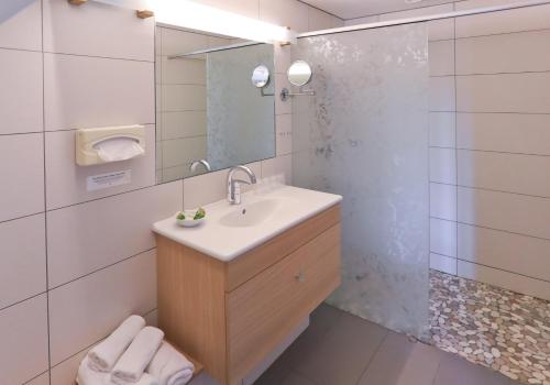 萨莱Logis Hôtel Restaurant & Spa les Remparts的一间带水槽和淋浴的浴室