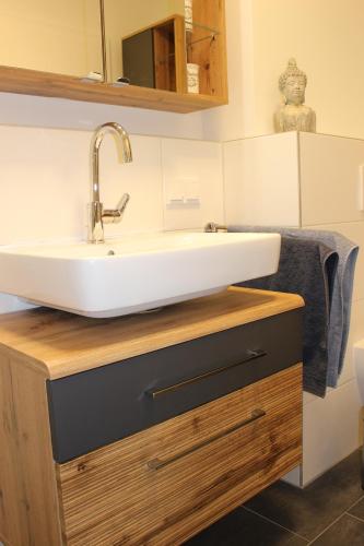 昂特保科洛佩因Apartment Blicksüd的木制柜台上带水槽的浴室