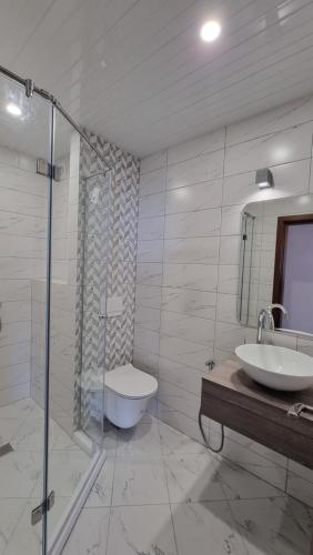 索佐波尔hotel DIAMANTI的一间带水槽、卫生间和淋浴的浴室