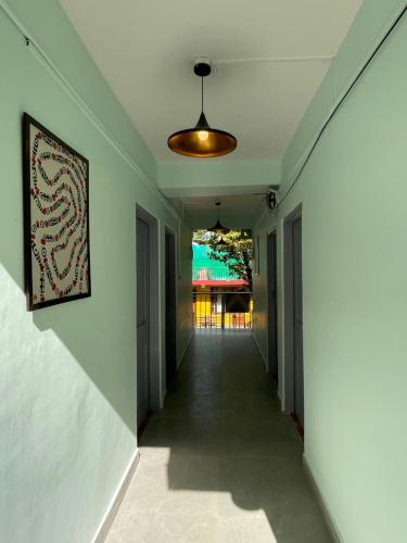 麦罗肯机Eevolve Dharamkot - An Eco Hostel的墙上有画的空走廊