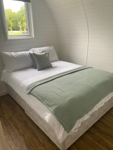 雷克瑟姆Luxury Pod Cabin in beautiful surroundings Wrexham的窗户客房内的一张床位
