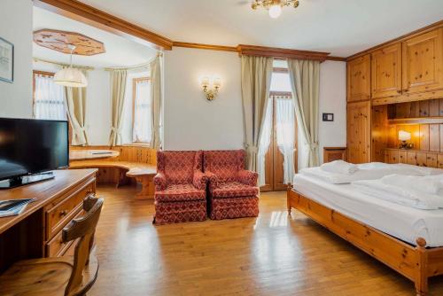 科尔蒂纳丹佩佐切斯基公园酒店的一间卧室配有一张床、一把椅子和电视