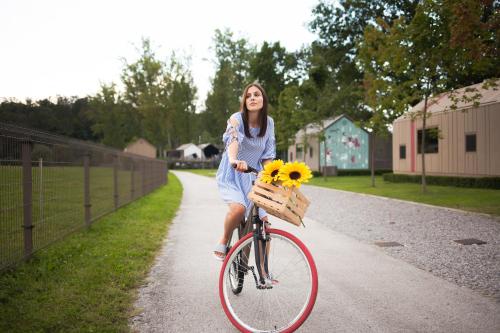 梅特利卡MAGNOLIA HOUSE by the RIVER的骑着自行车的女孩,手里拿着一篮向日葵