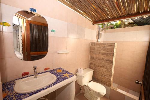 格兰德岛Isla Mulata, Islas del Rosario的一间带水槽、卫生间和镜子的浴室