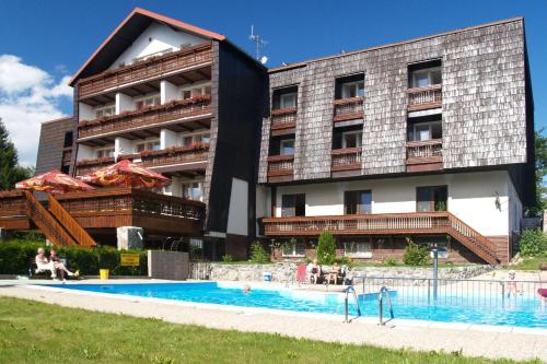 诺夫梅斯托纳马瑞夫Hotel Pavla Vysočina的大楼前设有游泳池的酒店