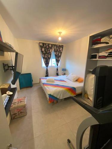 YehudSarin room的一间小卧室,配有一张床和电视