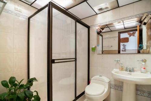 波哥大Excelente ubicación, movistar, parque simon Bolivar的带淋浴、卫生间和盥洗盆的浴室