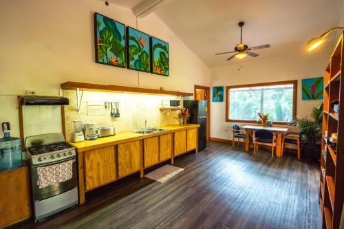 博卡斯德尔托罗PirateArts Experience Resort的一间带木制橱柜的厨房和一间用餐室