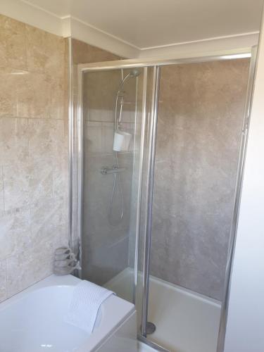 阿博波恩Bader House的浴室里设有玻璃门淋浴