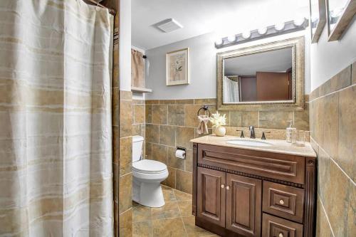 布法罗Welcome to our Cozy Krib的一间带水槽、卫生间和镜子的浴室
