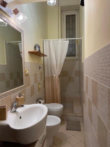 利沃诺Romeo Apartment的一间带水槽、卫生间和淋浴的浴室