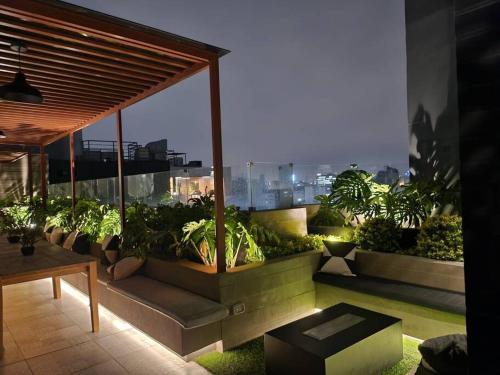 利马¡Una escapada relajante en Lima!的建筑里种植了盆栽植物的阳台