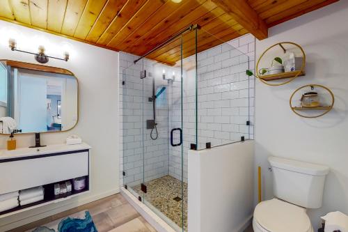 HoodsportAquamarine Dreams的带淋浴和卫生间的浴室