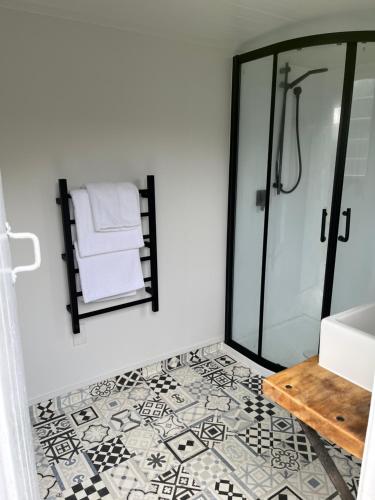 玛塔玛塔Central Matamata Boutique的带淋浴的浴室和瓷砖地板。