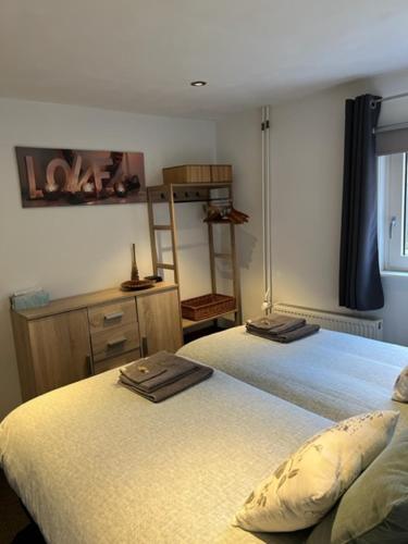埃因霍温Jaguars Residence的一间卧室设有两张床、一个梳妆台和一个架子。