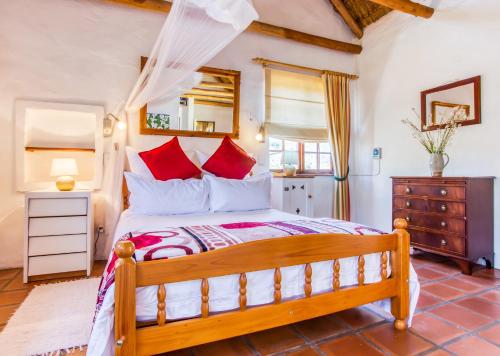 麦格雷戈Plum Tree Cottage的一间卧室配有一张带红色枕头的大床