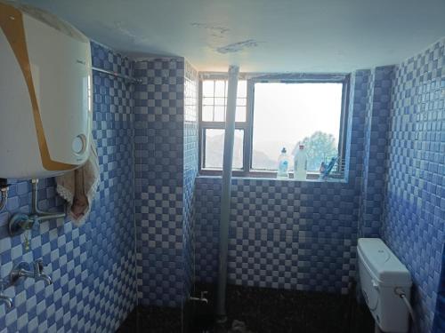 JageshwarMoonlit Heaven的蓝色瓷砖浴室设有卫生间和窗户
